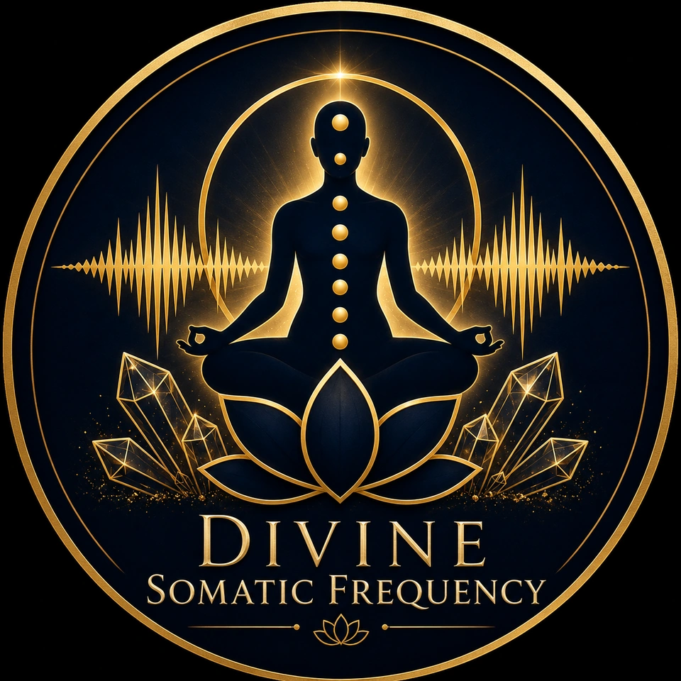 Divine Somatic Frequency emblem, with a seated figure, gold sound waves, lotus and crystals